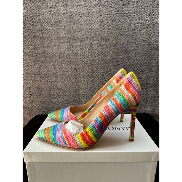 Manolo‎ Blahnik Bb Fabric 105mm Slip On Pumps Striped Rainbow Womens Size 38 EU - Picture 5 of 9